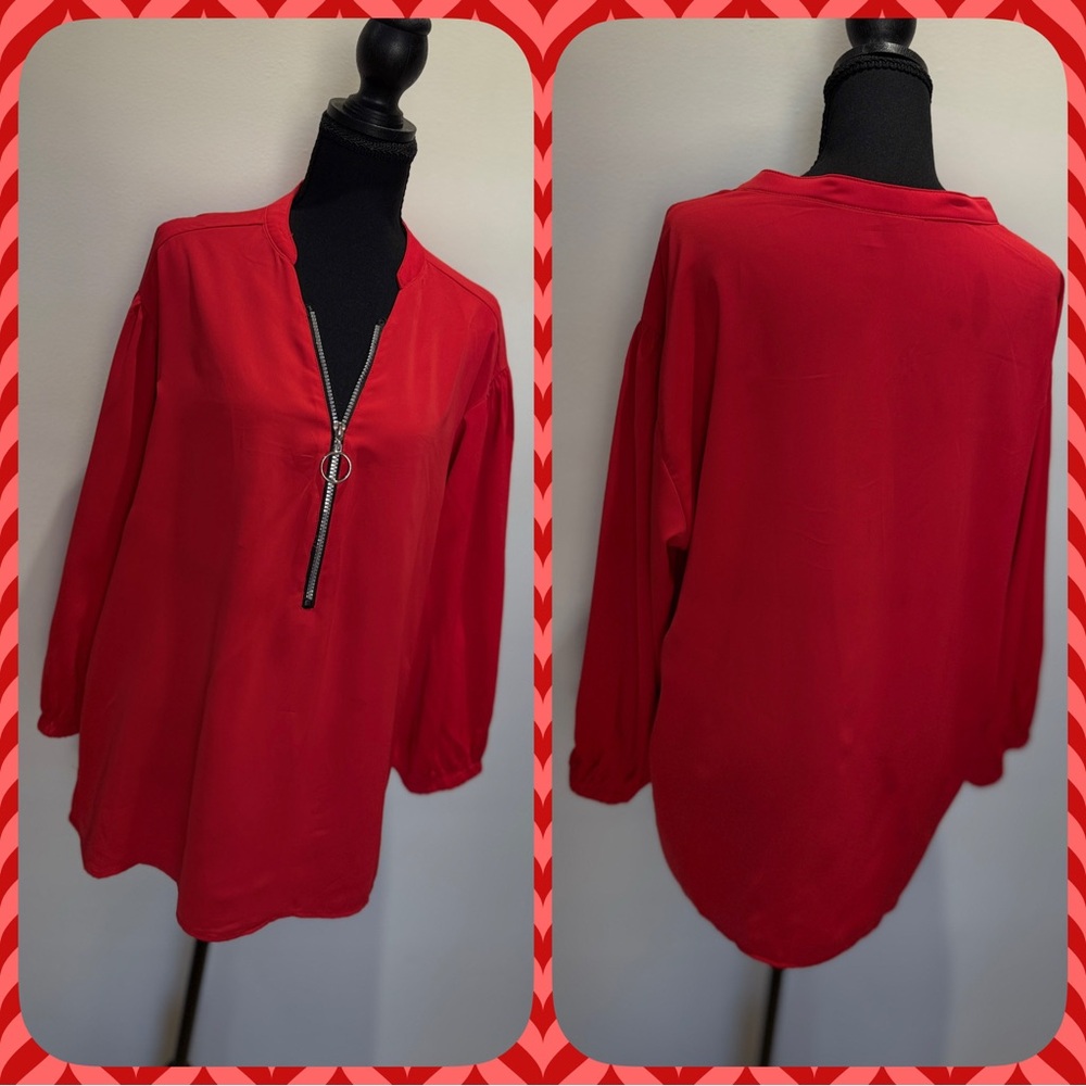 Red Zippered Women's Long Sleeve Blouse-sz XL
